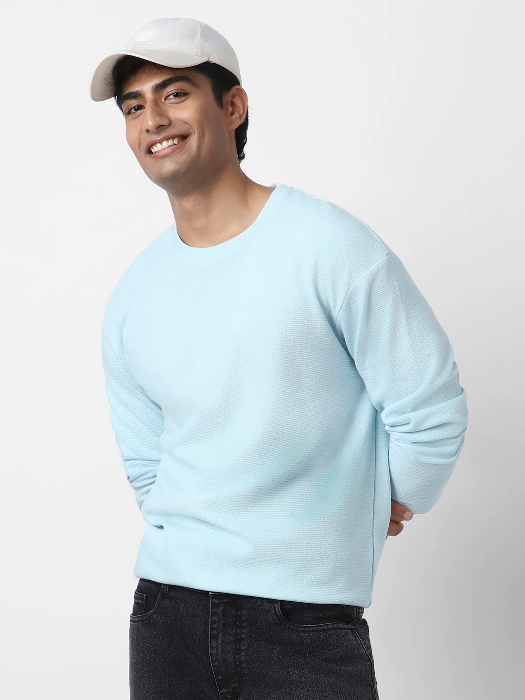 Men's Pastel Blue Textured Round Neck Oversized Full Sleeve Cotton T-Shirt - Image 2