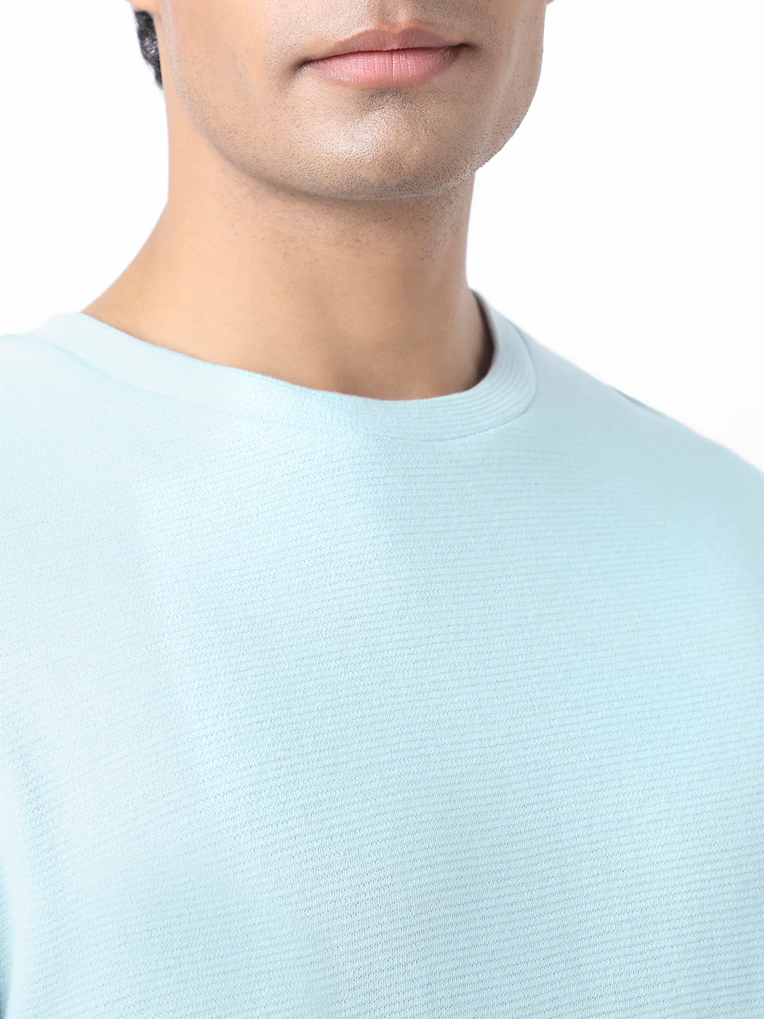 Men's Pastel Blue Textured Round Neck Oversized Full Sleeve Cotton T-Shirt - Image 3