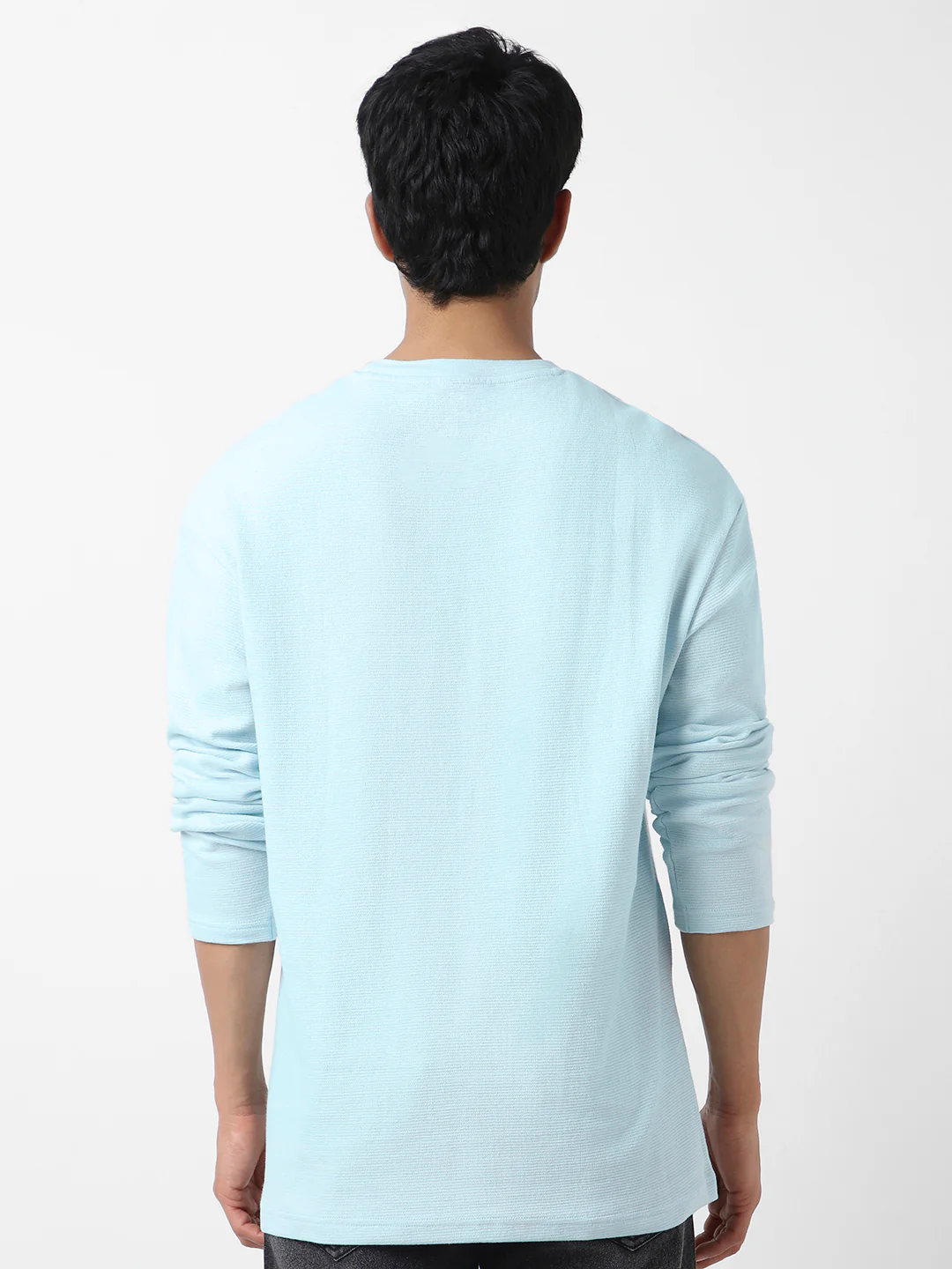 Men's Pastel Blue Textured Round Neck Oversized Full Sleeve Cotton T-Shirt - Image 5
