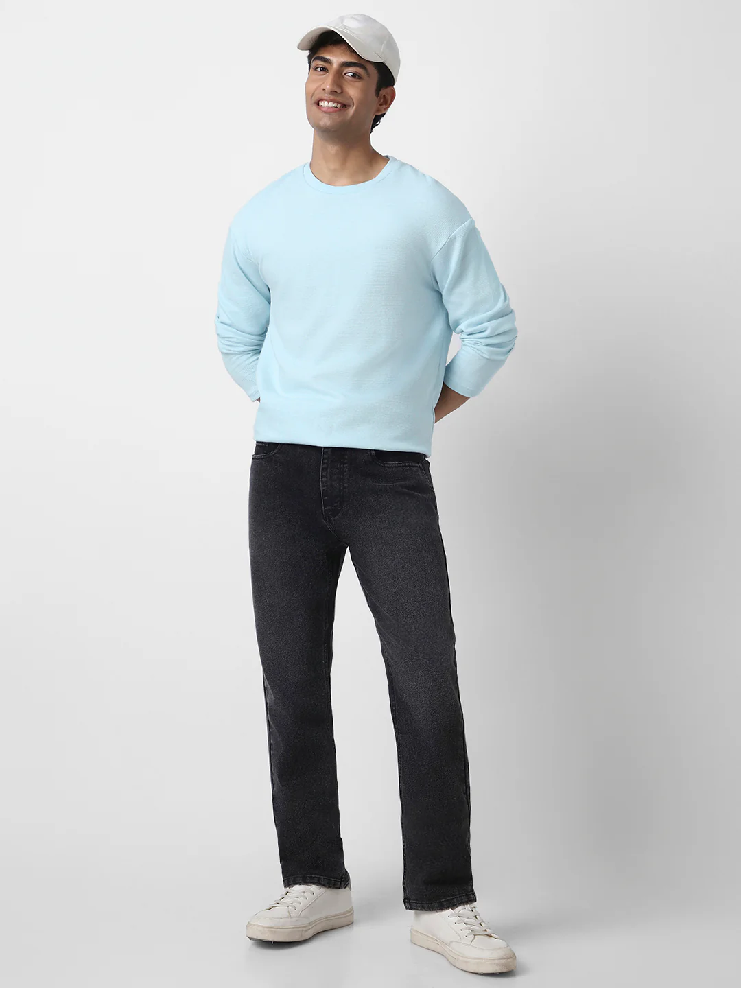 Men's Pastel Blue Textured Round Neck Oversized Full Sleeve Cotton T-Shirt - Image 6