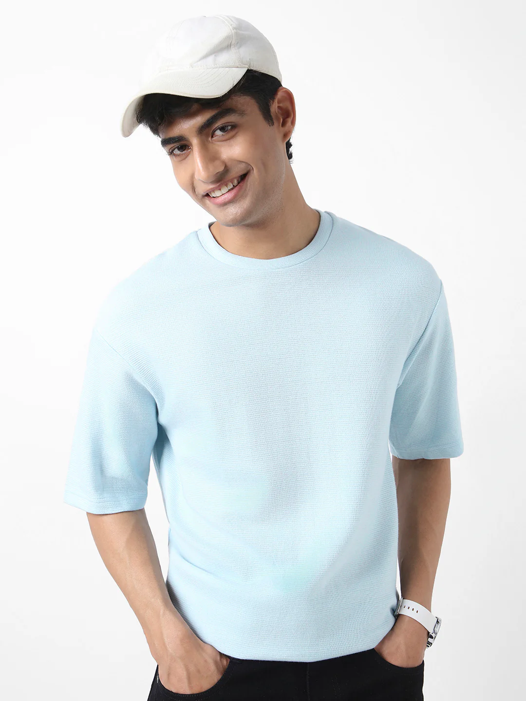 Men's Pastel Blue Textured Round Neck Oversized Half Sleeve Cotton T-Shirt - Image 2