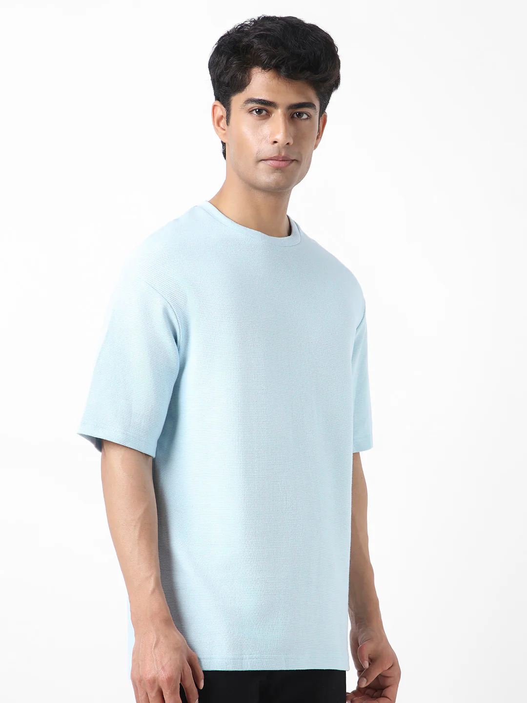 Men's Pastel Blue Textured Round Neck Oversized Half Sleeve Cotton T-Shirt - Image 4