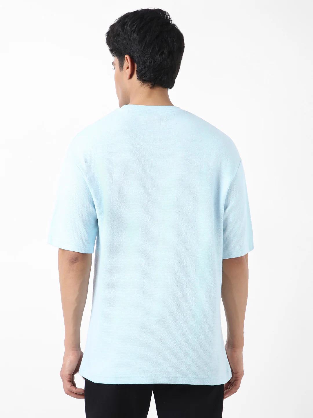 Men's Pastel Blue Textured Round Neck Oversized Half Sleeve Cotton T-Shirt - Image 5