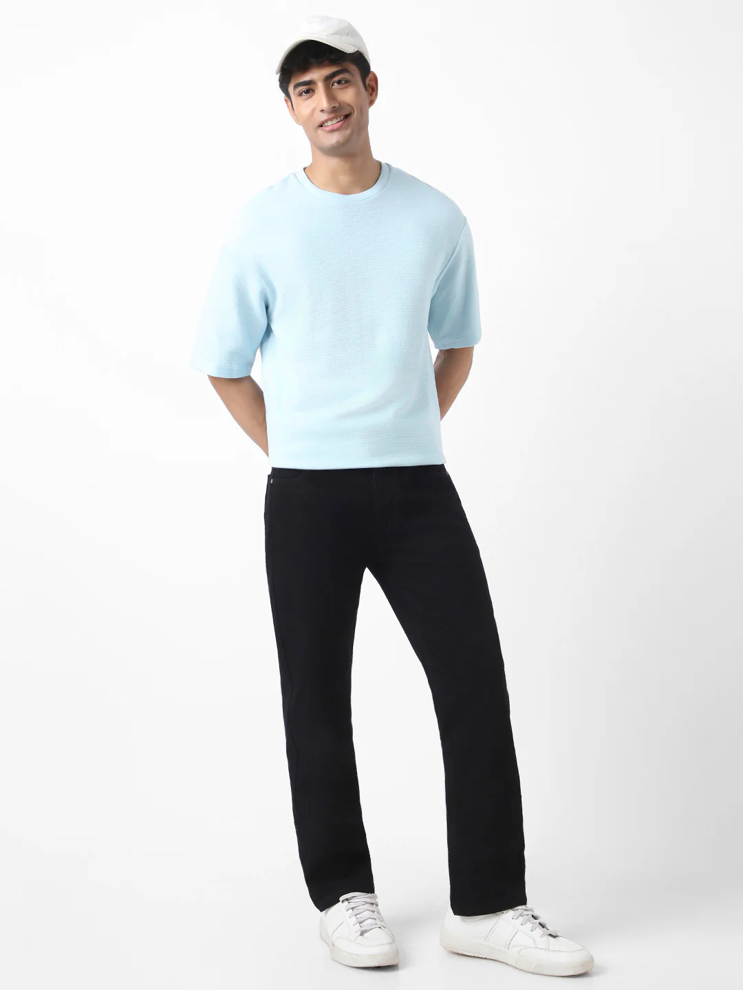 Men's Pastel Blue Textured Round Neck Oversized Half Sleeve Cotton T-Shirt - Image 6