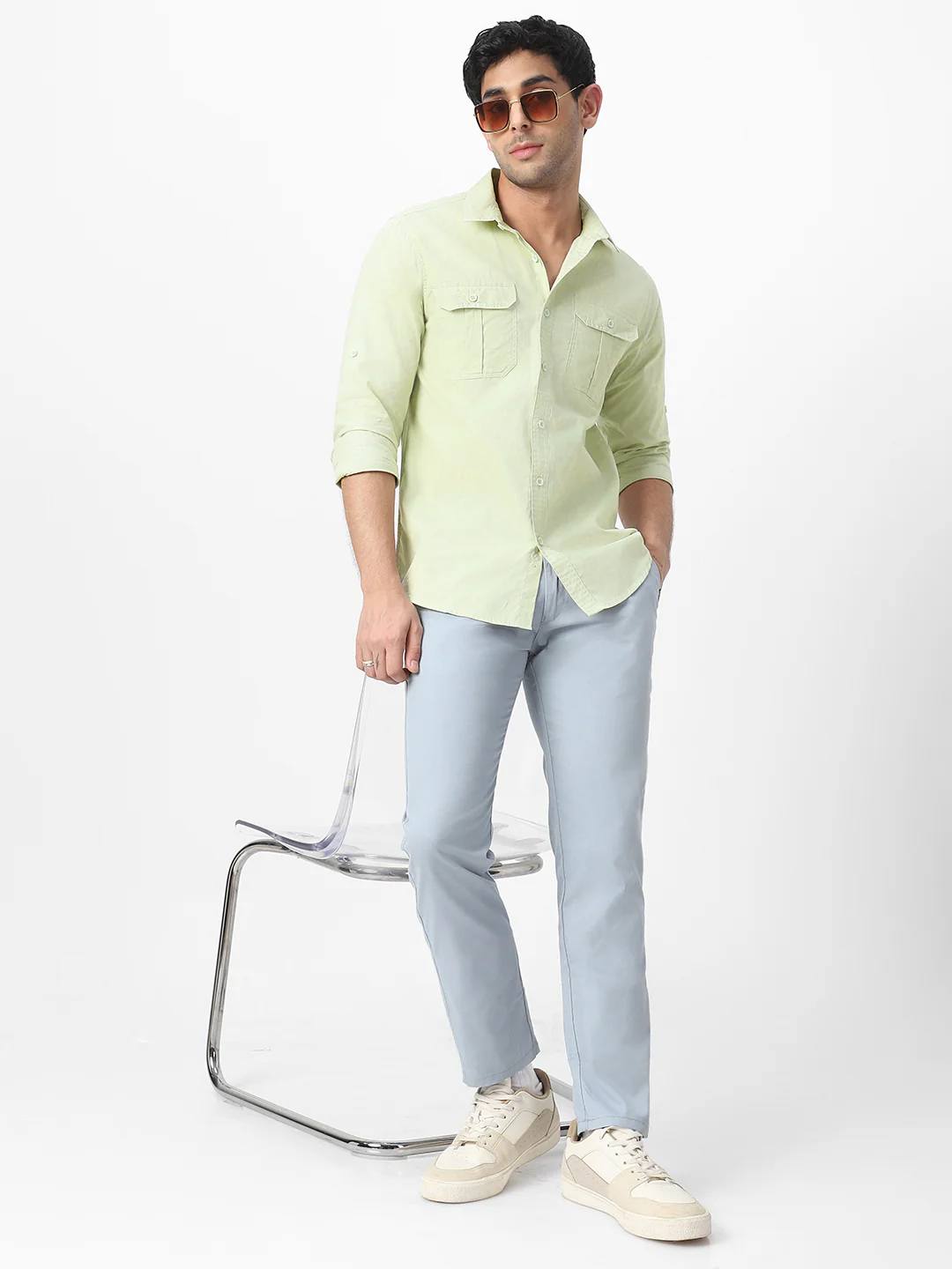 Men's Pastel Green Cotton Full Sleeve Regular Fit Casual Solid Shirt - Image 4