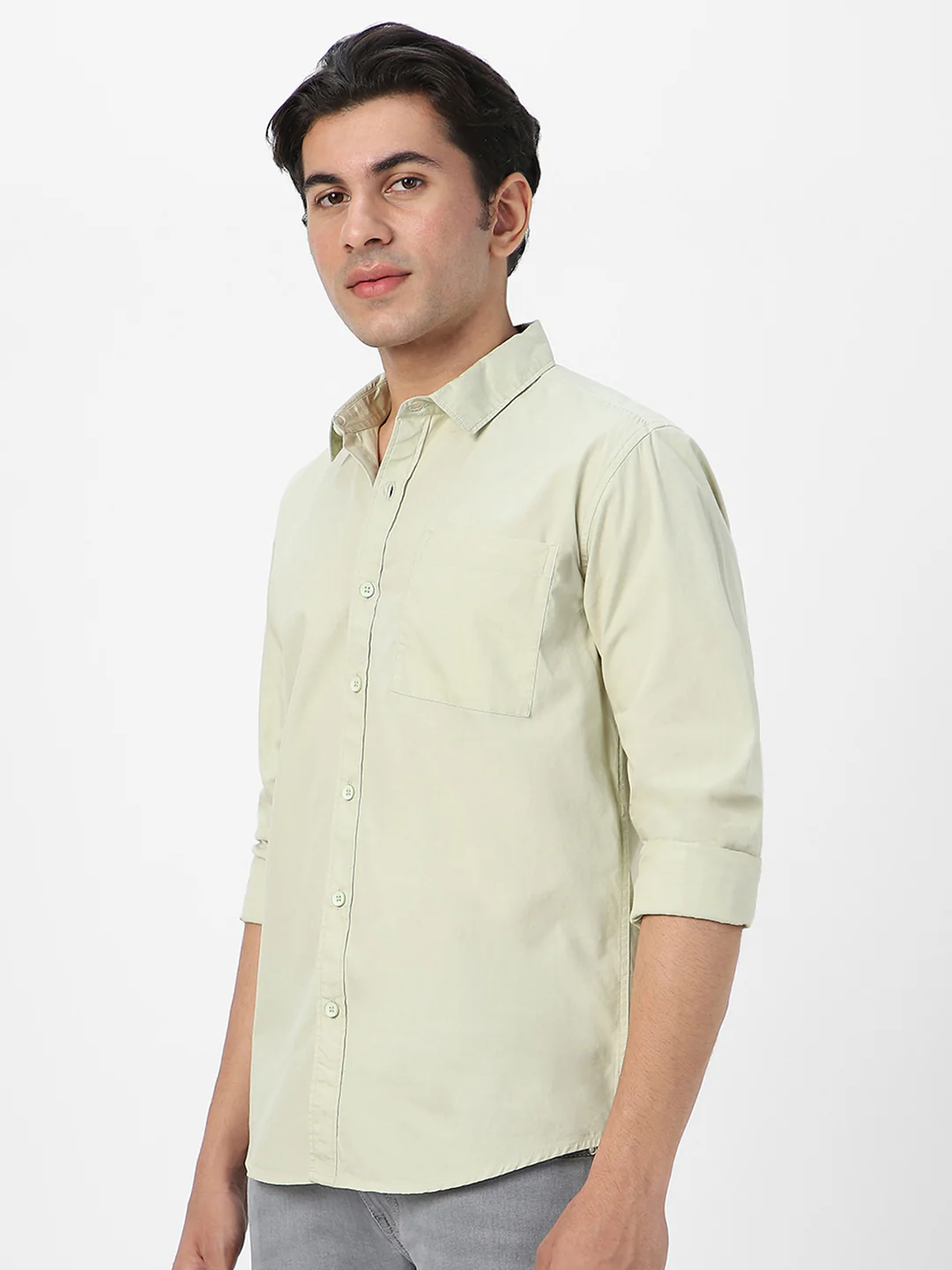 Men's Pastel Green Cotton Full Sleeve Regular Fit Casual Solid Shirt - Image 3