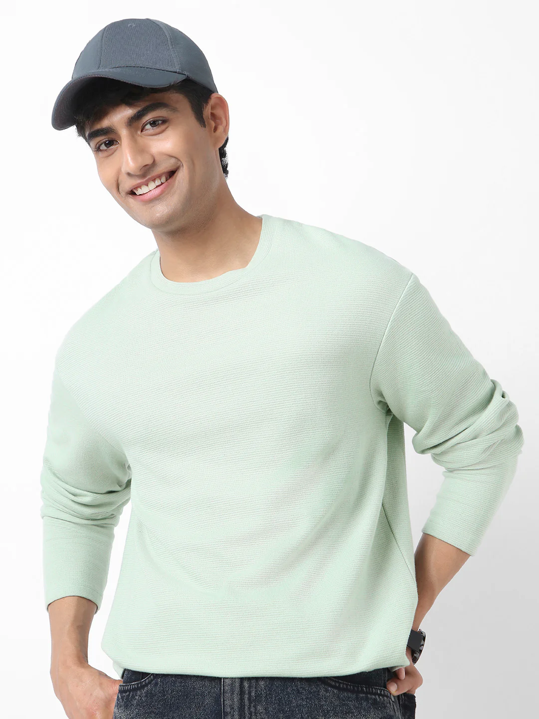 Men's Pastel Green Textured Round Neck Oversized Full Sleeve Cotton T-Shirt - Image 2