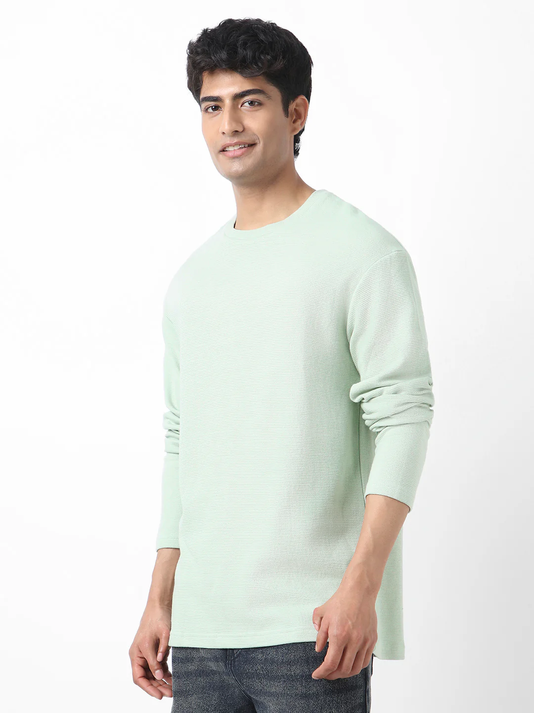 Men's Pastel Green Textured Round Neck Oversized Full Sleeve Cotton T-Shirt - Image 3