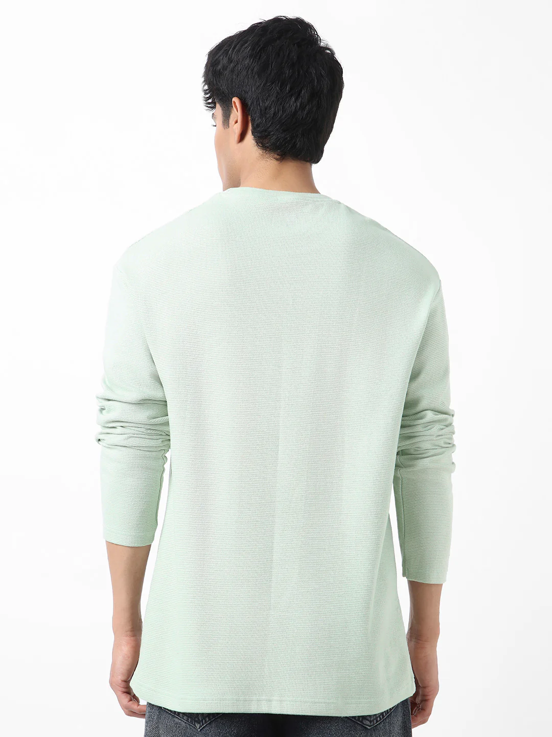 Men's Pastel Green Textured Round Neck Oversized Full Sleeve Cotton T-Shirt - Image 4