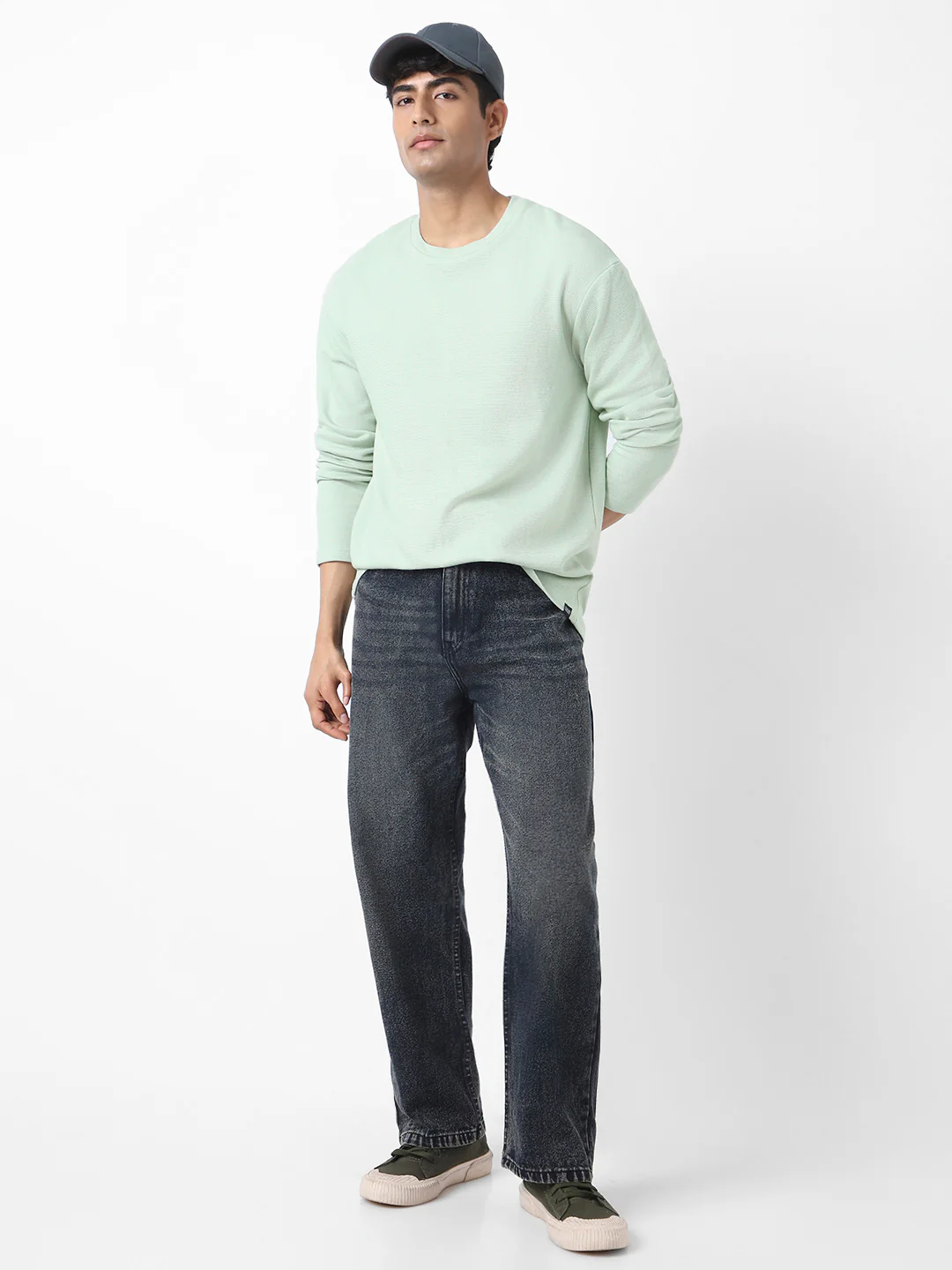 Men's Pastel Green Textured Round Neck Oversized Full Sleeve Cotton T-Shirt - Image 5