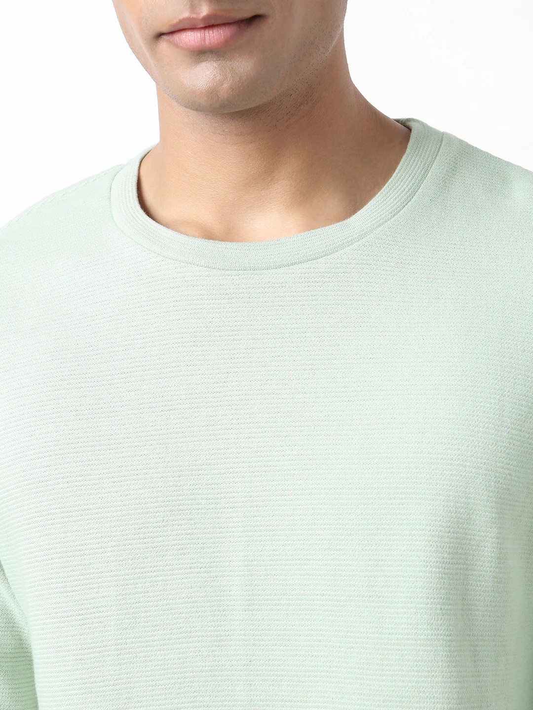 Men's Pastel Green Textured Round Neck Oversized Full Sleeve Cotton T-Shirt - Image 6