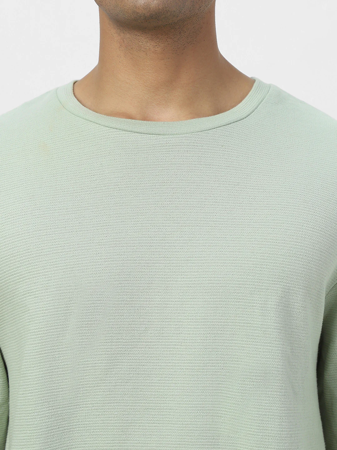 Men's Pastel Green Textured Round Neck Oversized Half Sleeve Cotton T-Shirt - Image 3