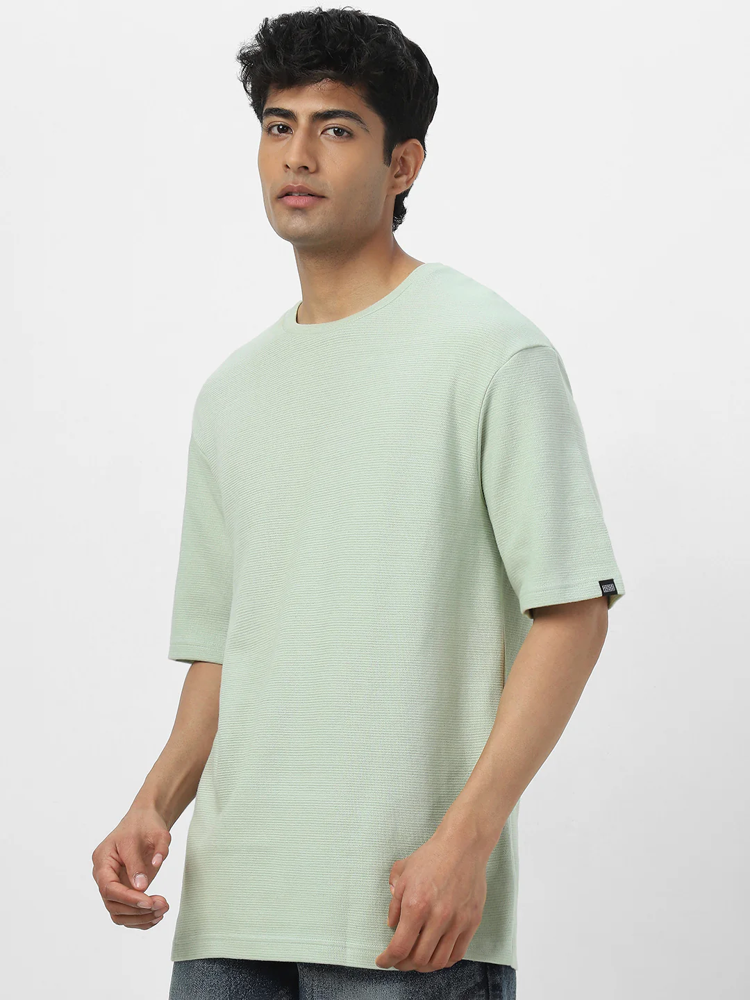 Men's Pastel Green Textured Round Neck Oversized Half Sleeve Cotton T-Shirt - Image 4