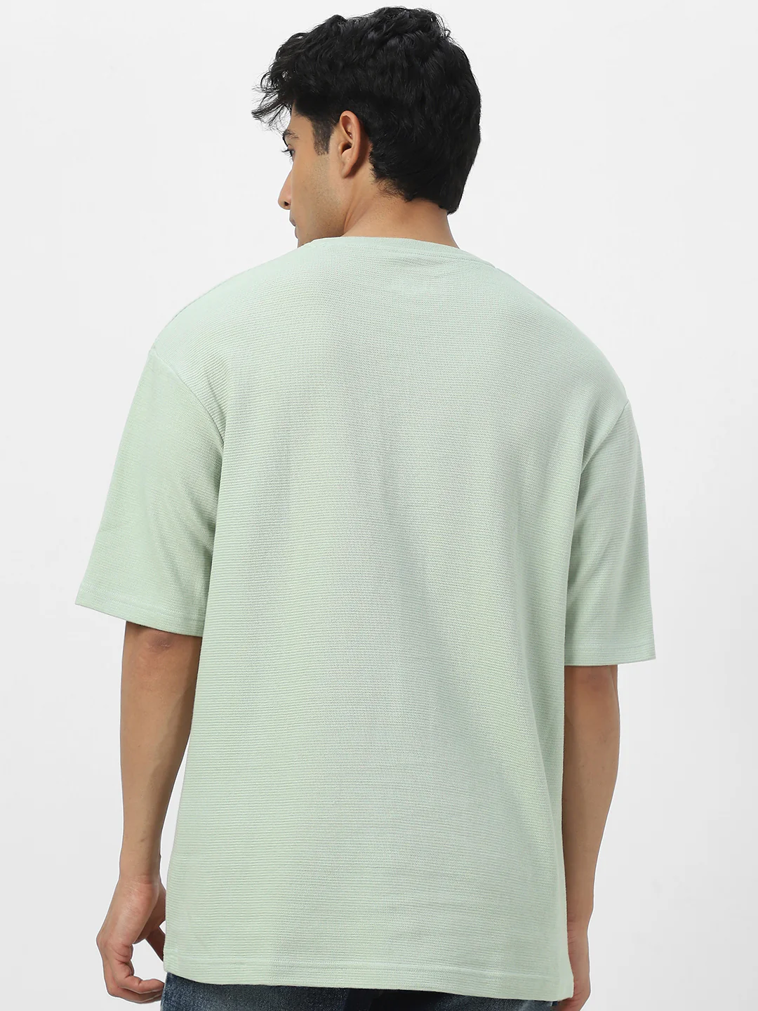 Men's Pastel Green Textured Round Neck Oversized Half Sleeve Cotton T-Shirt - Image 5