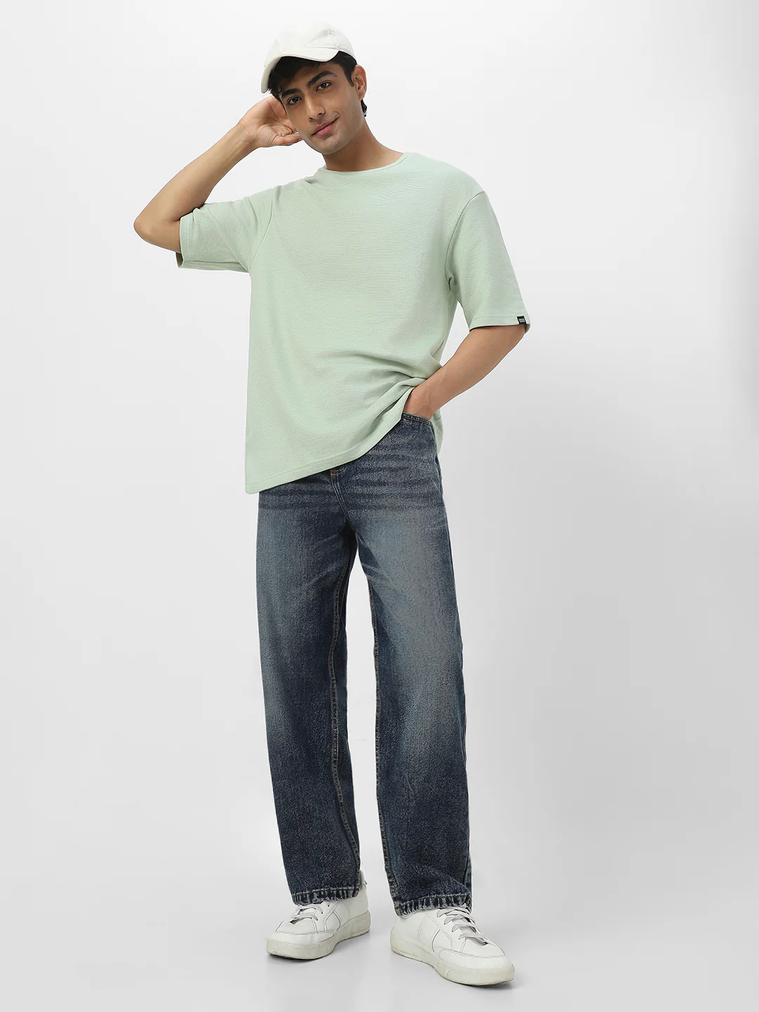 Men's Pastel Green Textured Round Neck Oversized Half Sleeve Cotton T-Shirt - Image 6