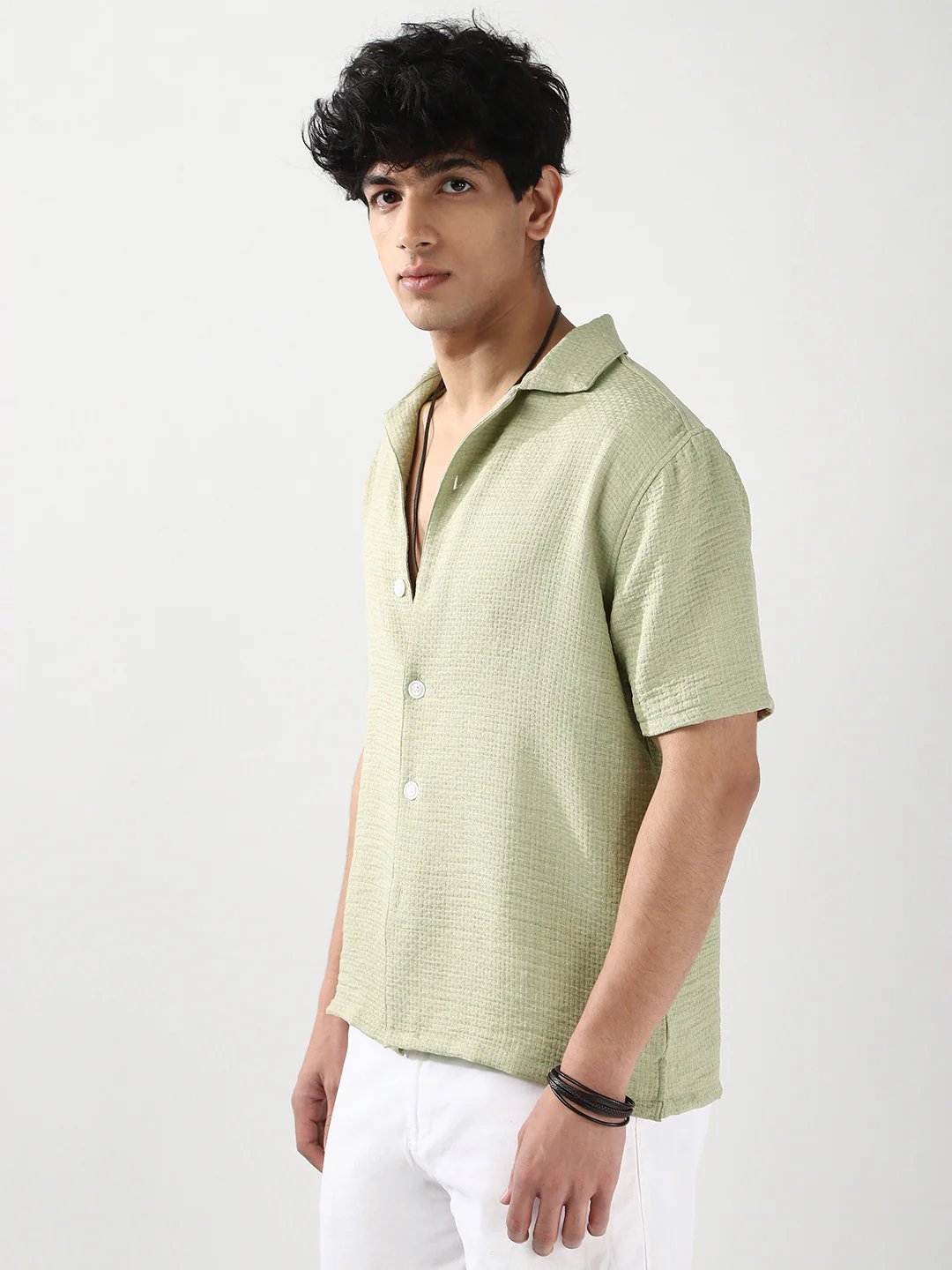 Men's Pastel Olive Cotton Half Sleeve Oversized Fit Textured Shirt with Cuban Collar - Image 2