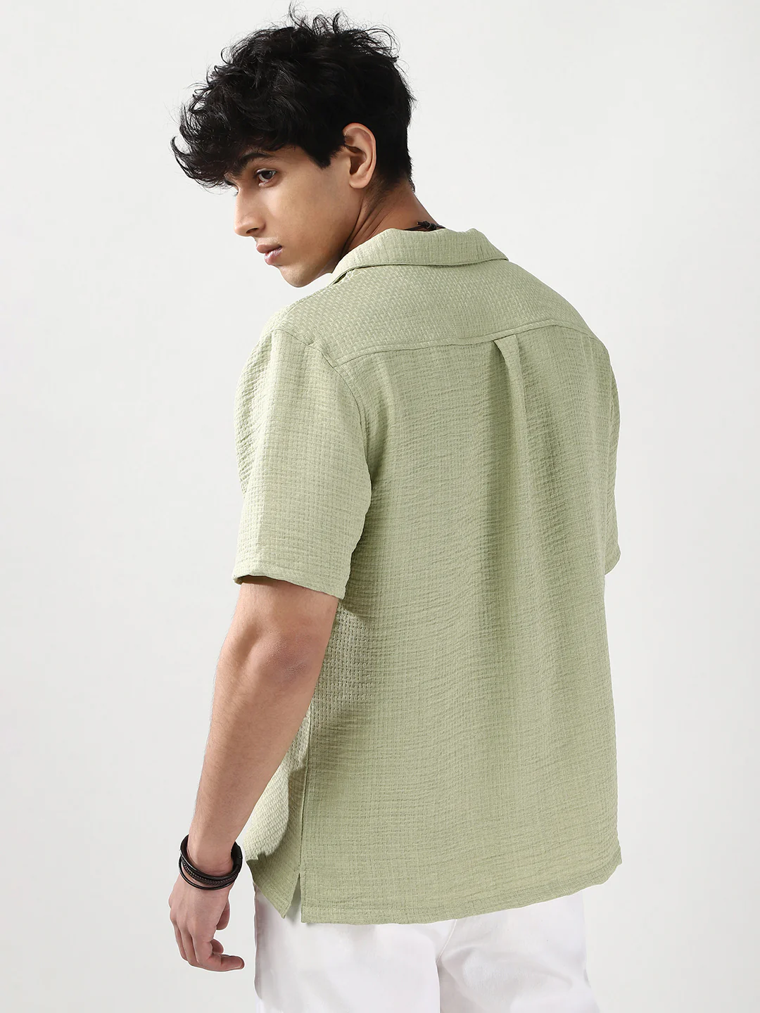 Men's Pastel Olive Cotton Half Sleeve Oversized Fit Textured Shirt with Cuban Collar - Image 3