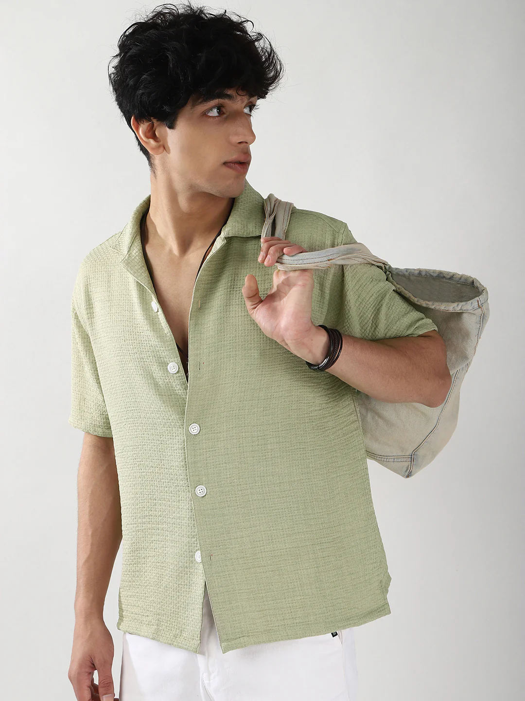 Men's Pastel Olive Cotton Half Sleeve Oversized Fit Textured Shirt with Cuban Collar - Image 5