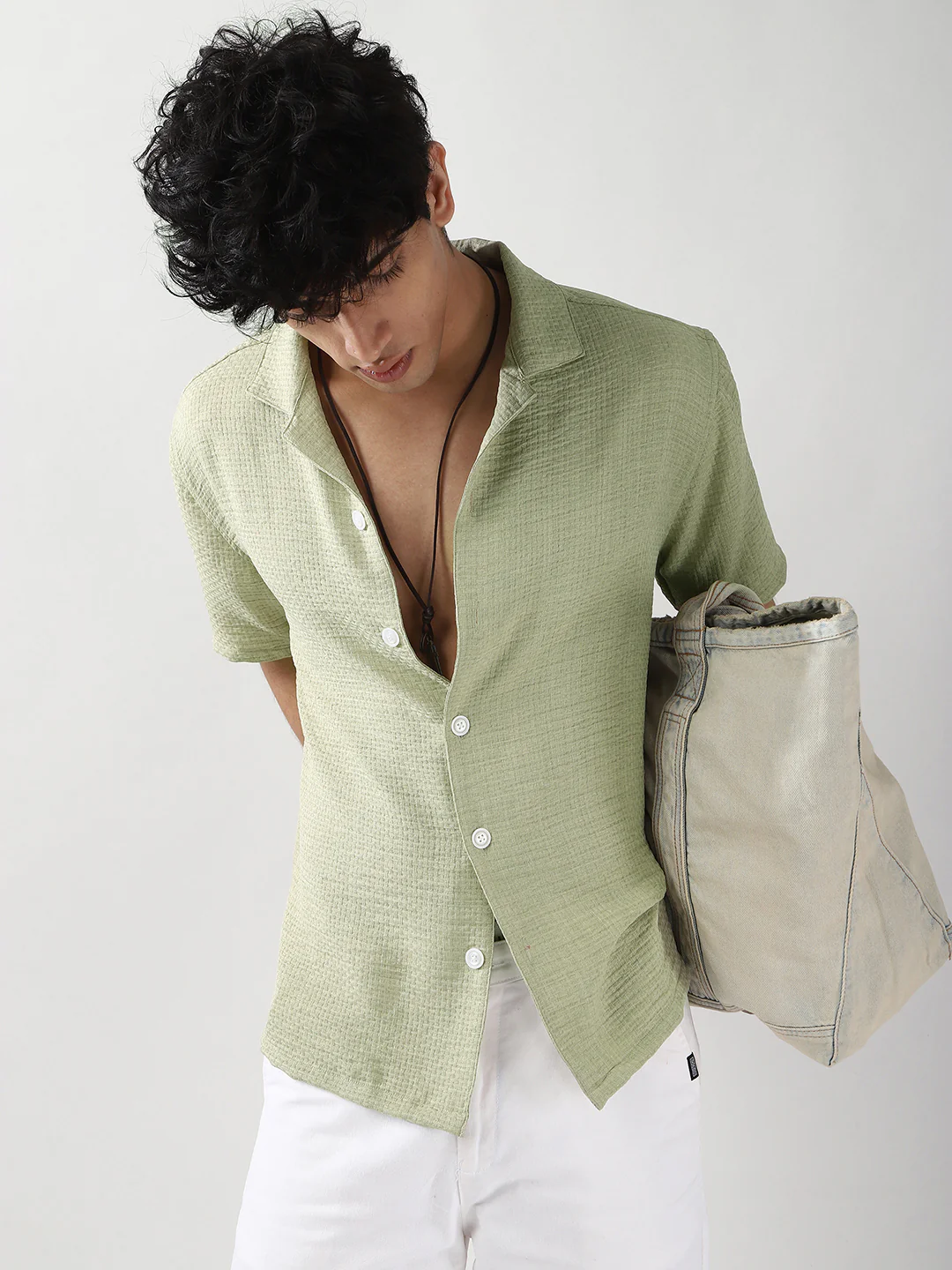 Men's Pastel Olive Cotton Half Sleeve Oversized Fit Textured Shirt with Cuban Collar - Image 6
