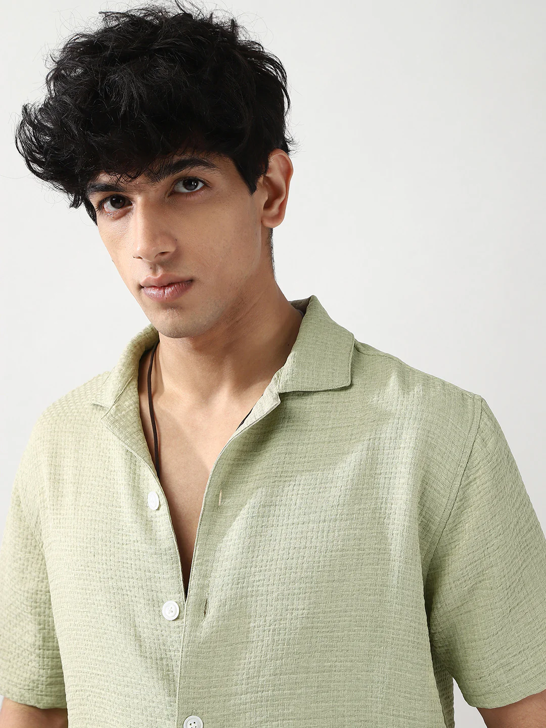Men's Pastel Olive Cotton Half Sleeve Oversized Fit Textured Shirt with Cuban Collar - Image 7