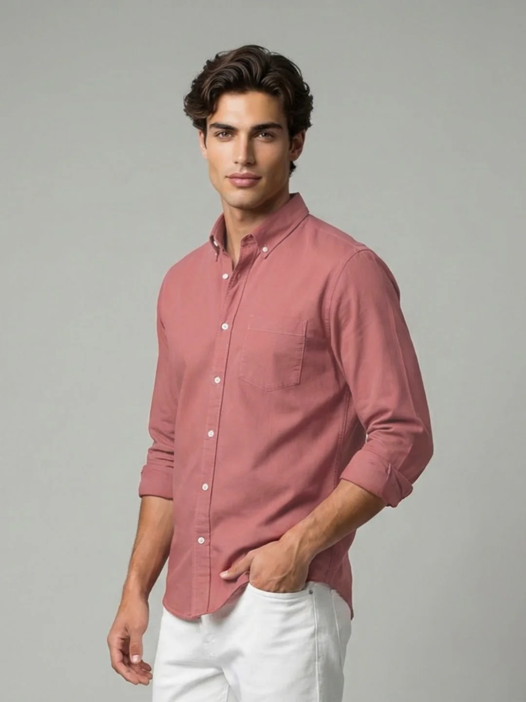 Men's Peach Cotton Full Sleeve Regular Fit Solid Oxford Shirt With Button-Down Collar - Image 2