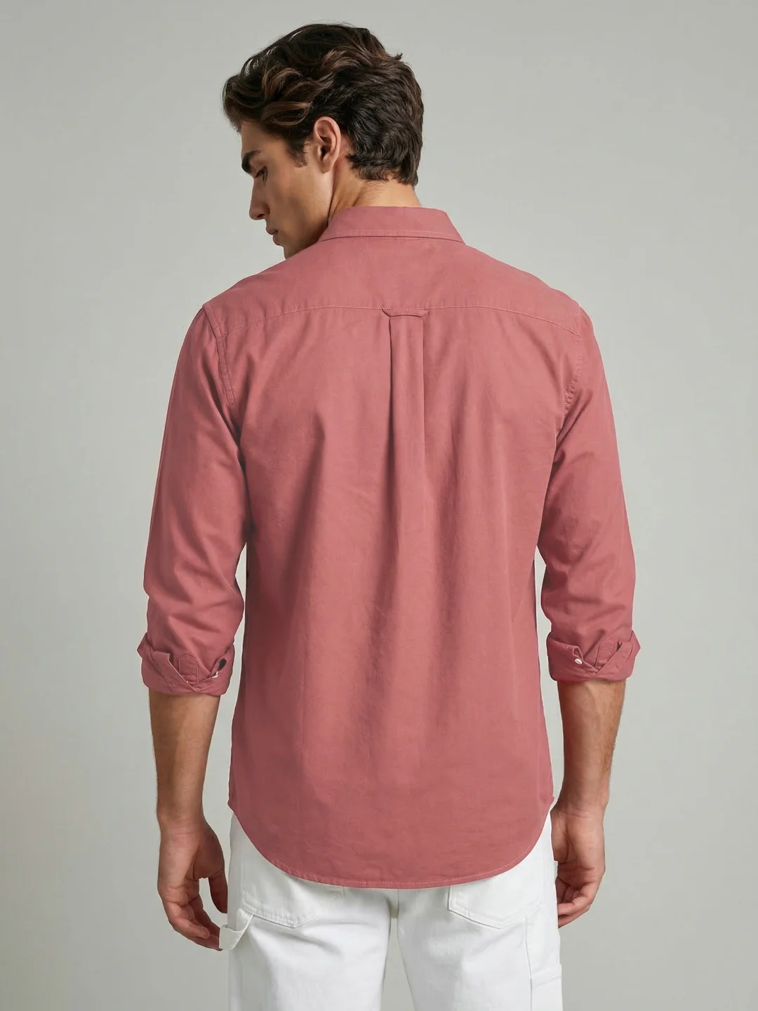 Men's Peach Cotton Full Sleeve Regular Fit Solid Oxford Shirt With Button-Down Collar - Image 3