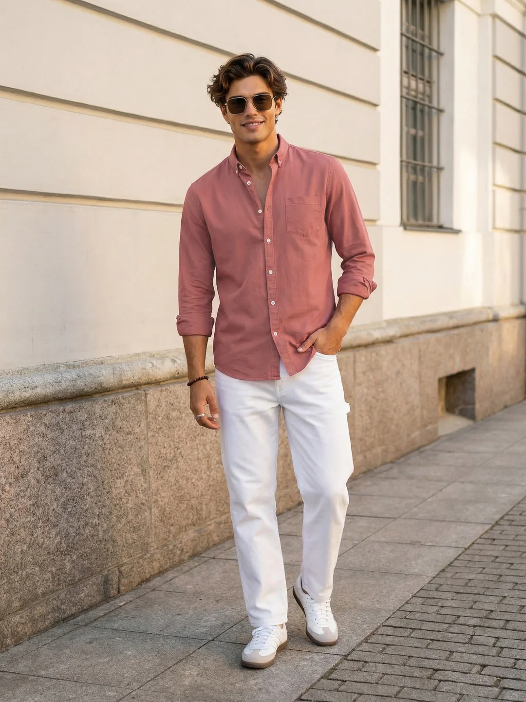 Men's Peach Cotton Full Sleeve Regular Fit Solid Oxford Shirt With Button-Down Collar - Image 4