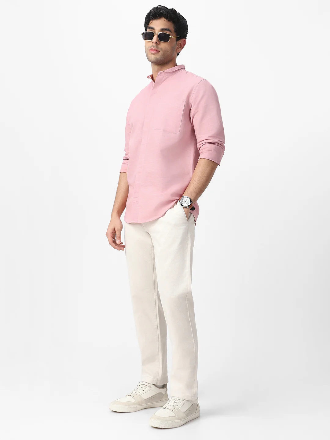 Men's Pink Cotton Full Sleeve Regular Fit Casual Solid Shirt with Band Collar - Image 4
