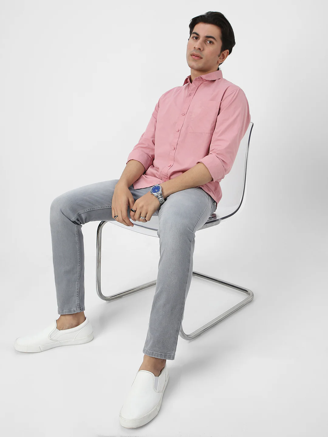 Men's Pink Cotton Full Sleeve Regular Fit Casual Solid Shirt - Image 5