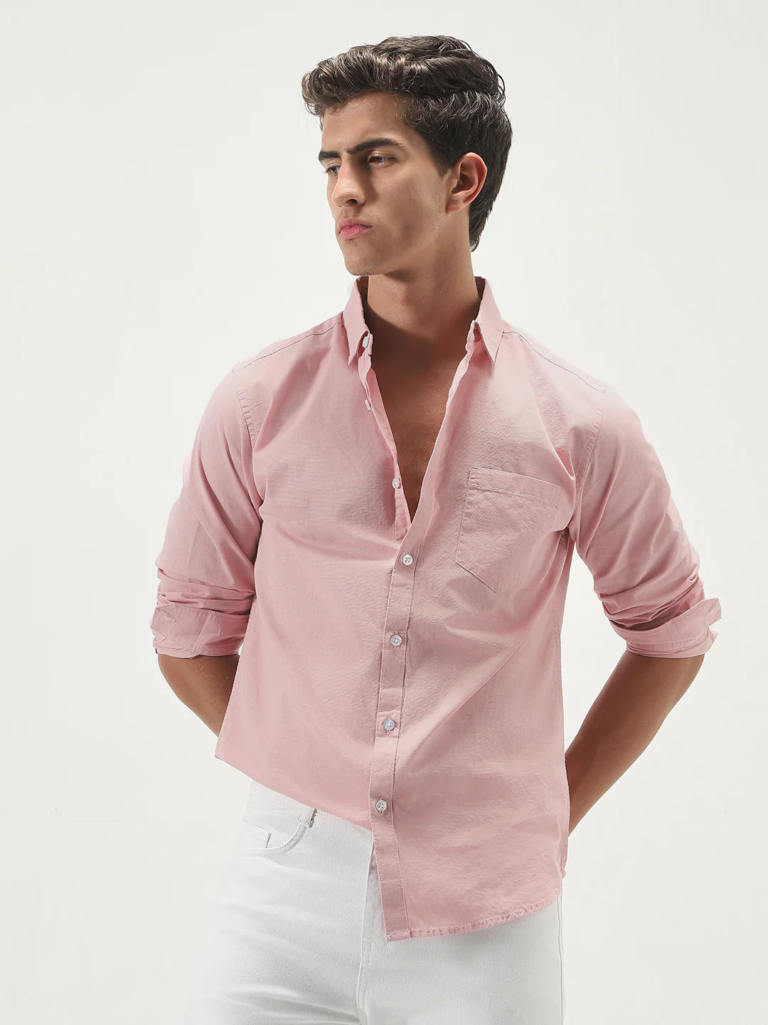 Men's Pink Cotton Full Sleeve Regular Fit Casual Solid Slub Shirt with Spread Collar - Image 2