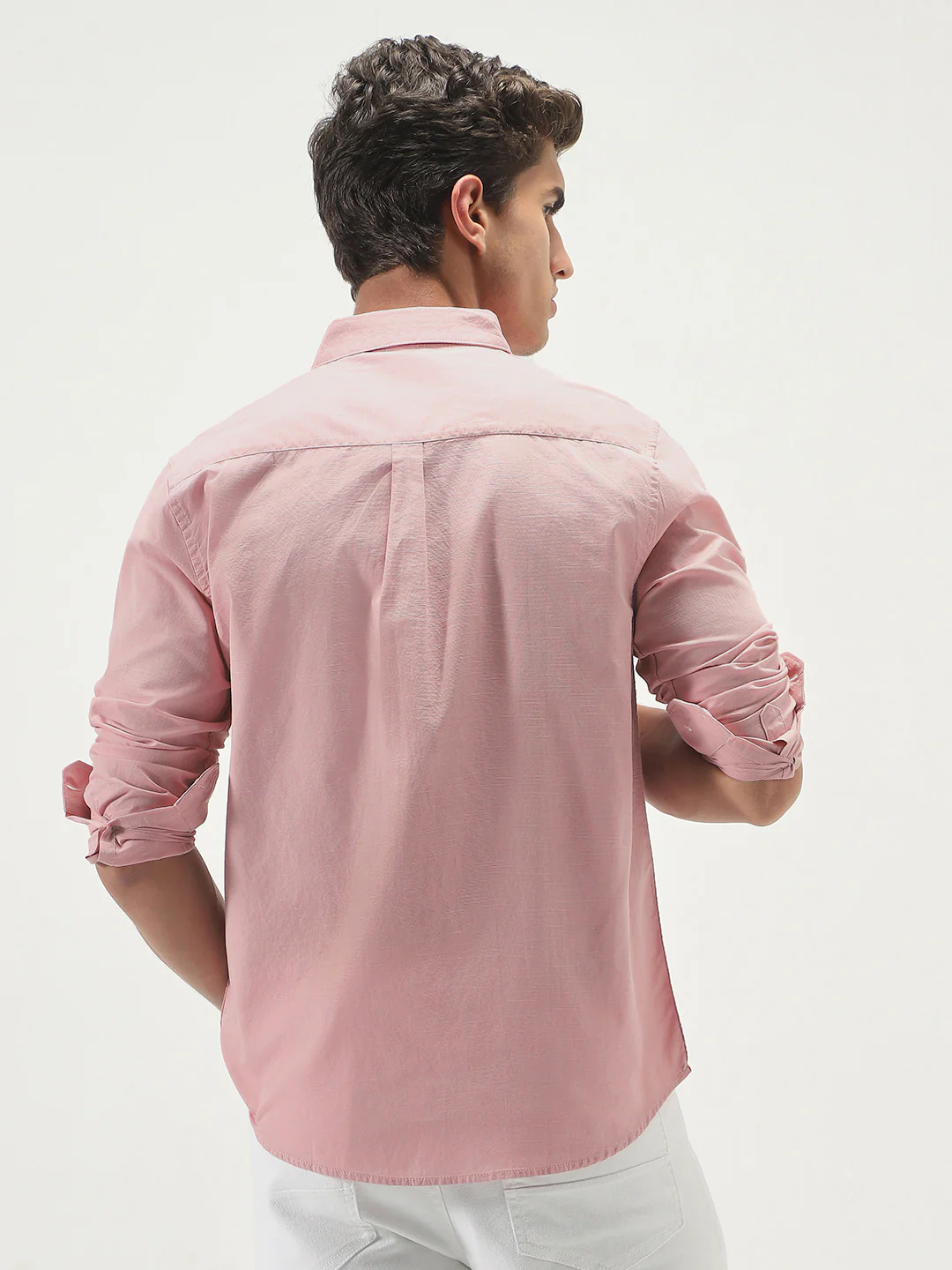 Men's Pink Cotton Full Sleeve Regular Fit Casual Solid Slub Shirt with Spread Collar - Image 3
