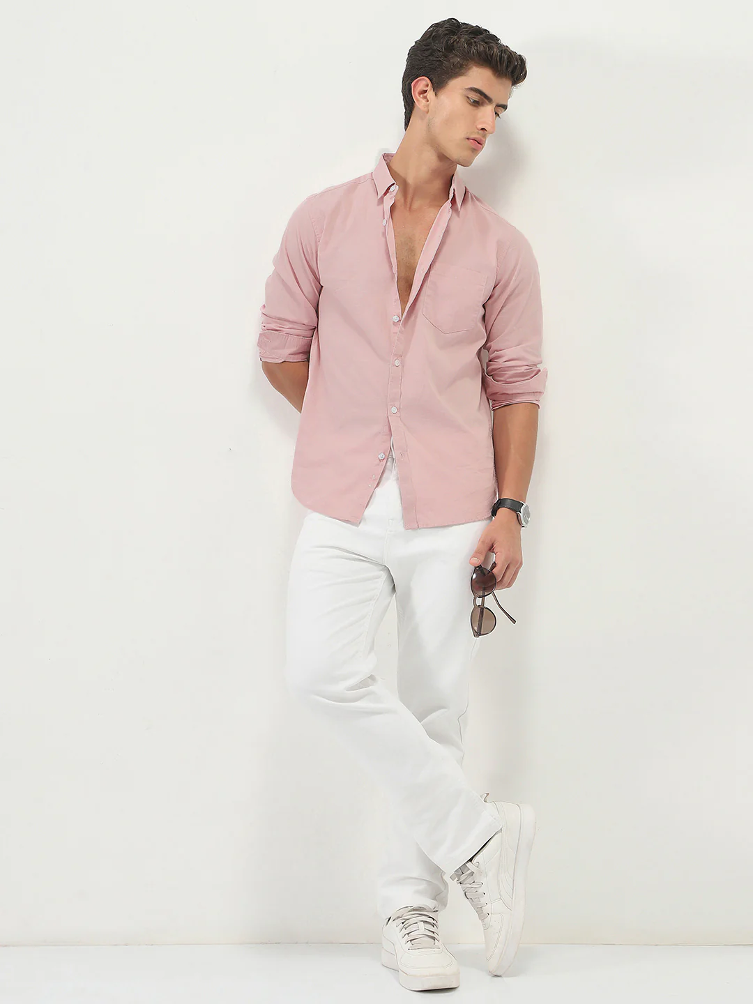 Men's Pink Cotton Full Sleeve Regular Fit Casual Solid Slub Shirt with Spread Collar - Image 4