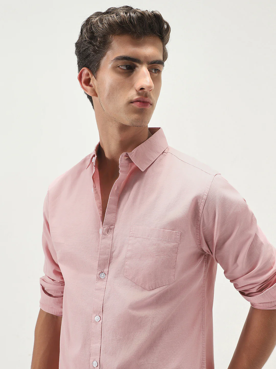 Men's Pink Cotton Full Sleeve Regular Fit Casual Solid Slub Shirt with Spread Collar - Image 5