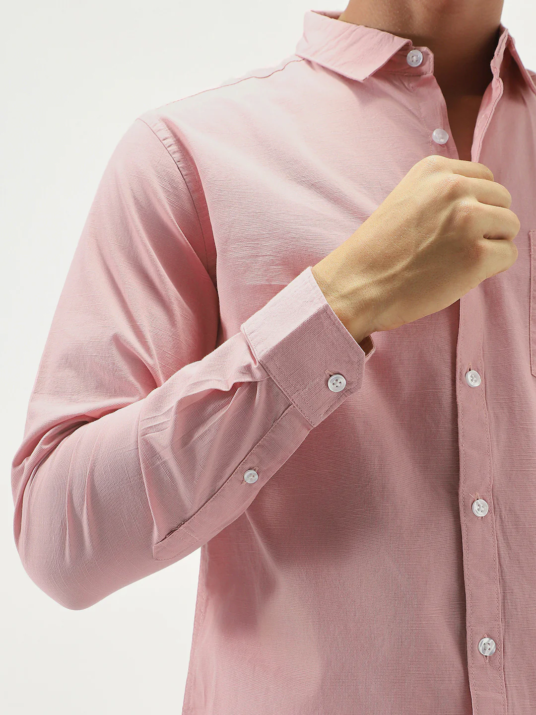 Men's Pink Cotton Full Sleeve Regular Fit Casual Solid Slub Shirt with Spread Collar - Image 6