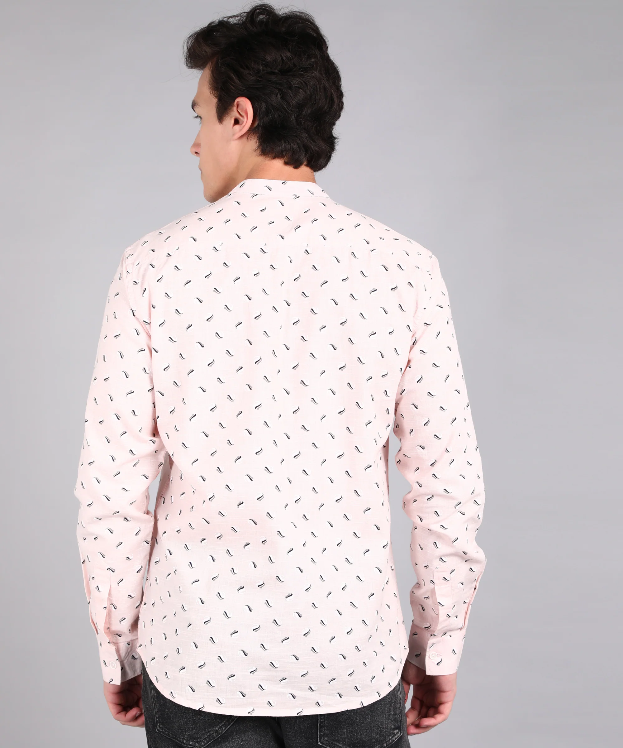 Men's Pink Cotton Full Sleeve Slim Fit Casual Printed Shirt with Mandarin Collar - Image 3
