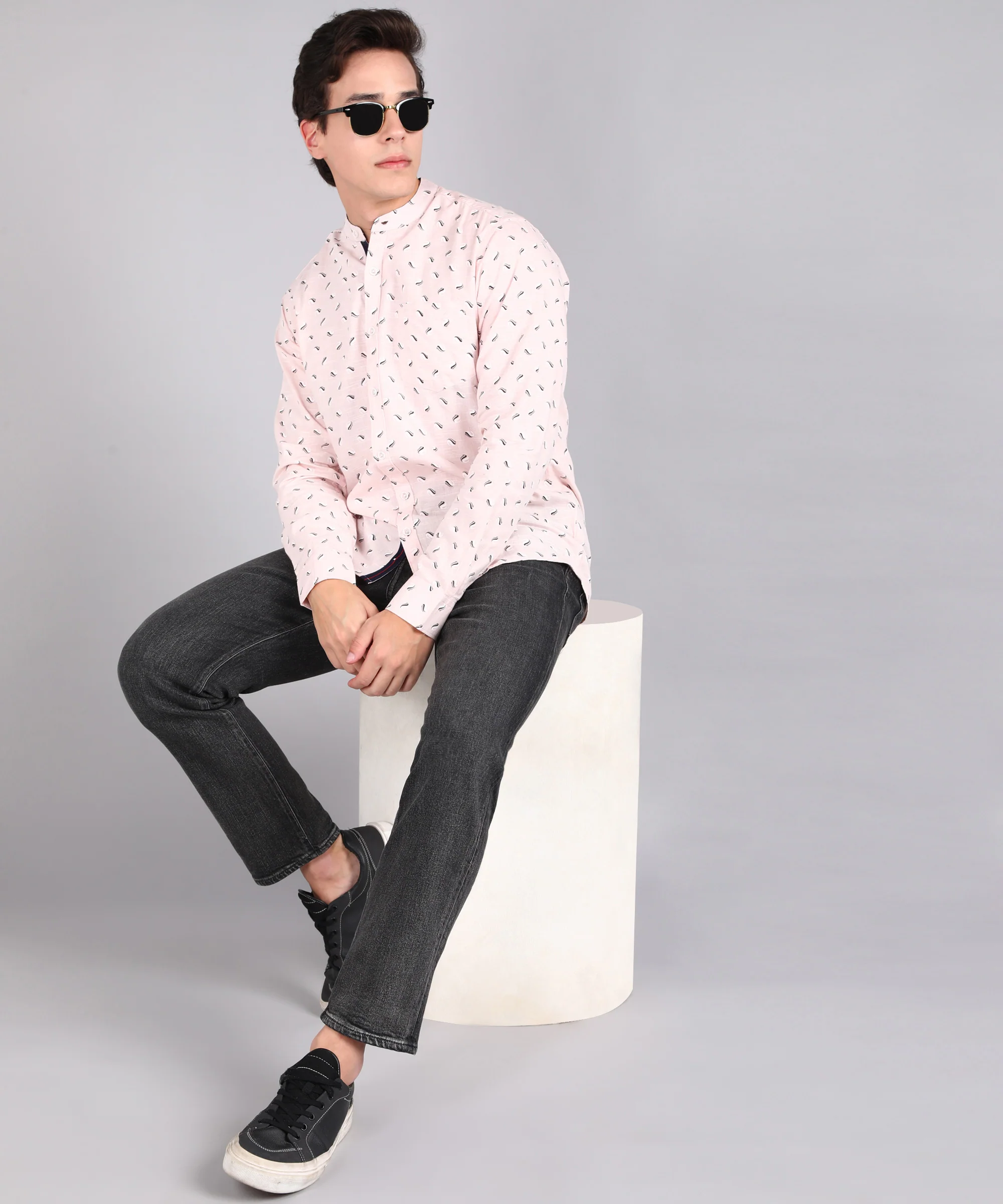 Men's Pink Cotton Full Sleeve Slim Fit Casual Printed Shirt with Mandarin Collar - Image 4