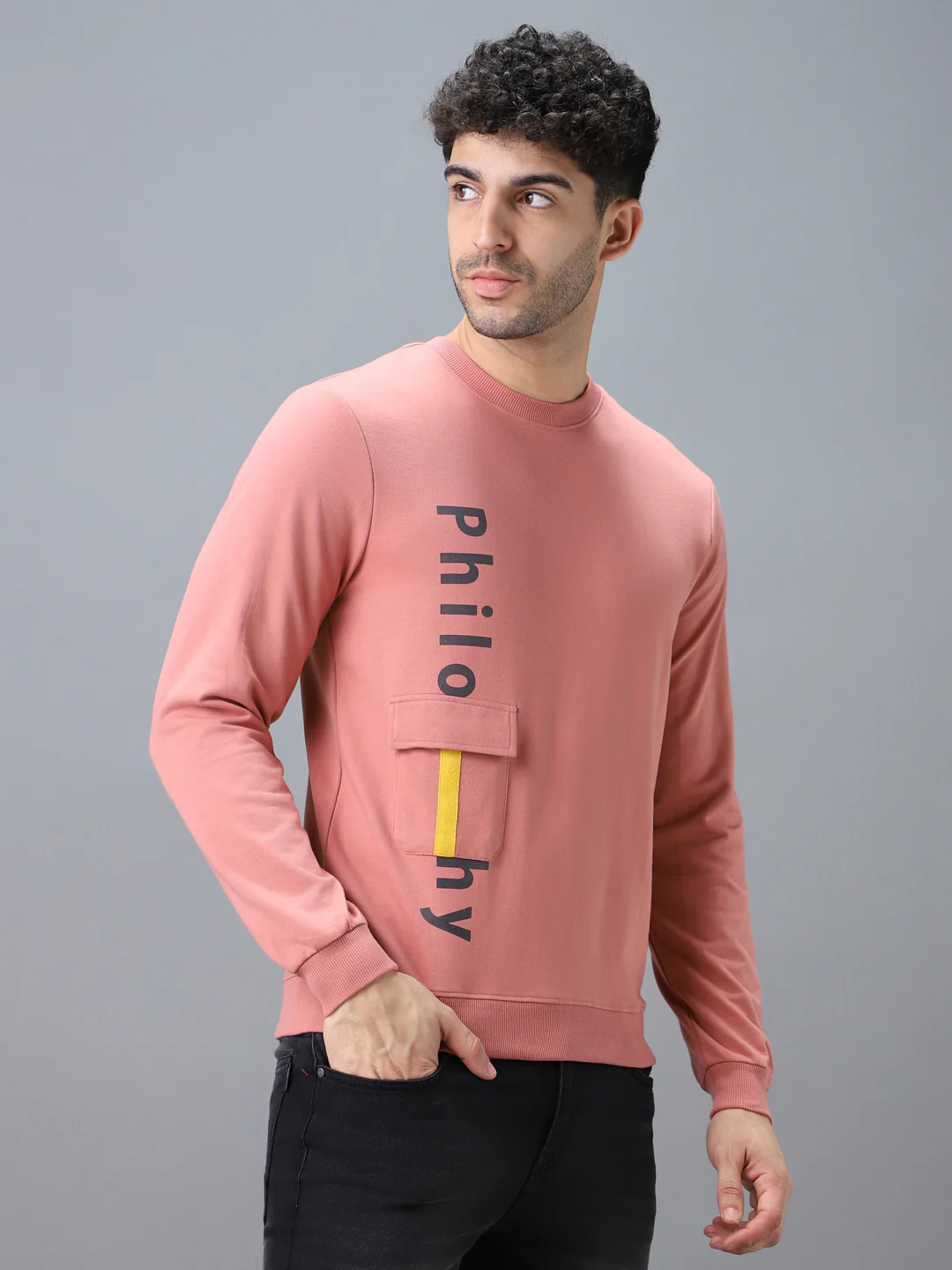 Men's Pink Cotton Graphic Print Round Neck Sweatshirt - Image 2