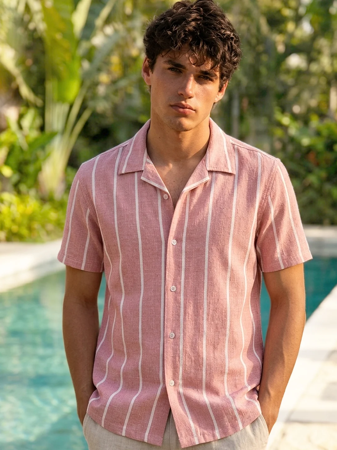 Men's Pink Cotton Half Sleeve Relaxed Fit Linen Striped Shirt with Cuban Collar