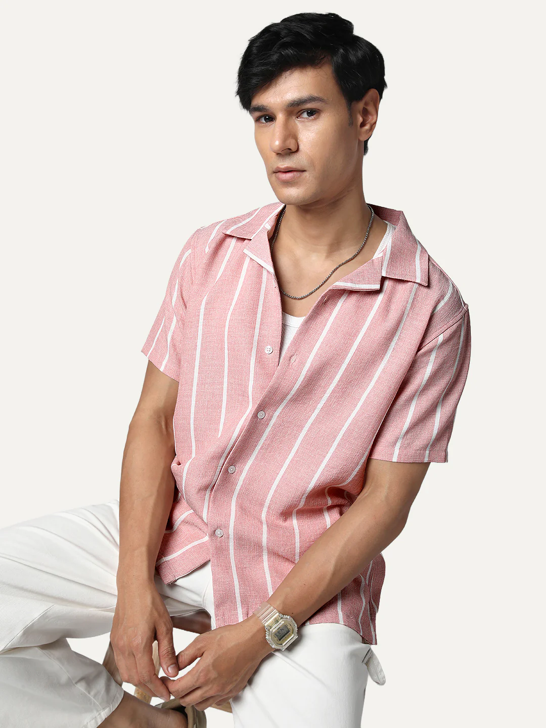 Men's Pink Cotton Half Sleeve Relaxed Fit Linen Striped Shirt with Cuban Collar - Image 2