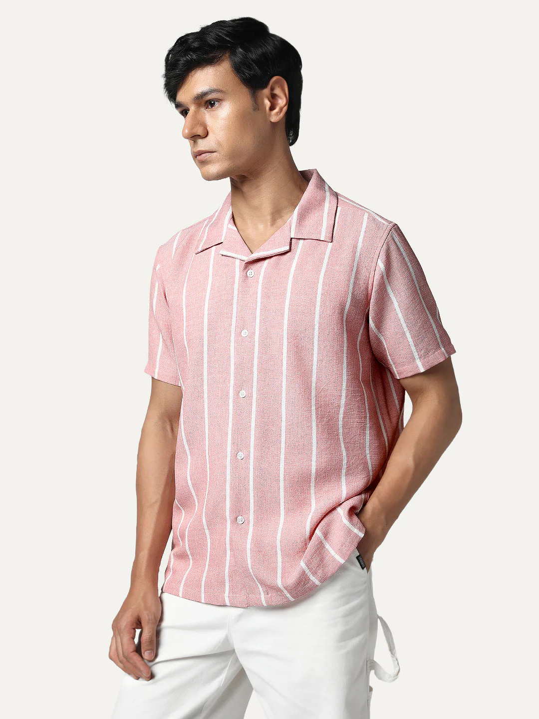 Men's Pink Cotton Half Sleeve Relaxed Fit Linen Striped Shirt with Cuban Collar - Image 3