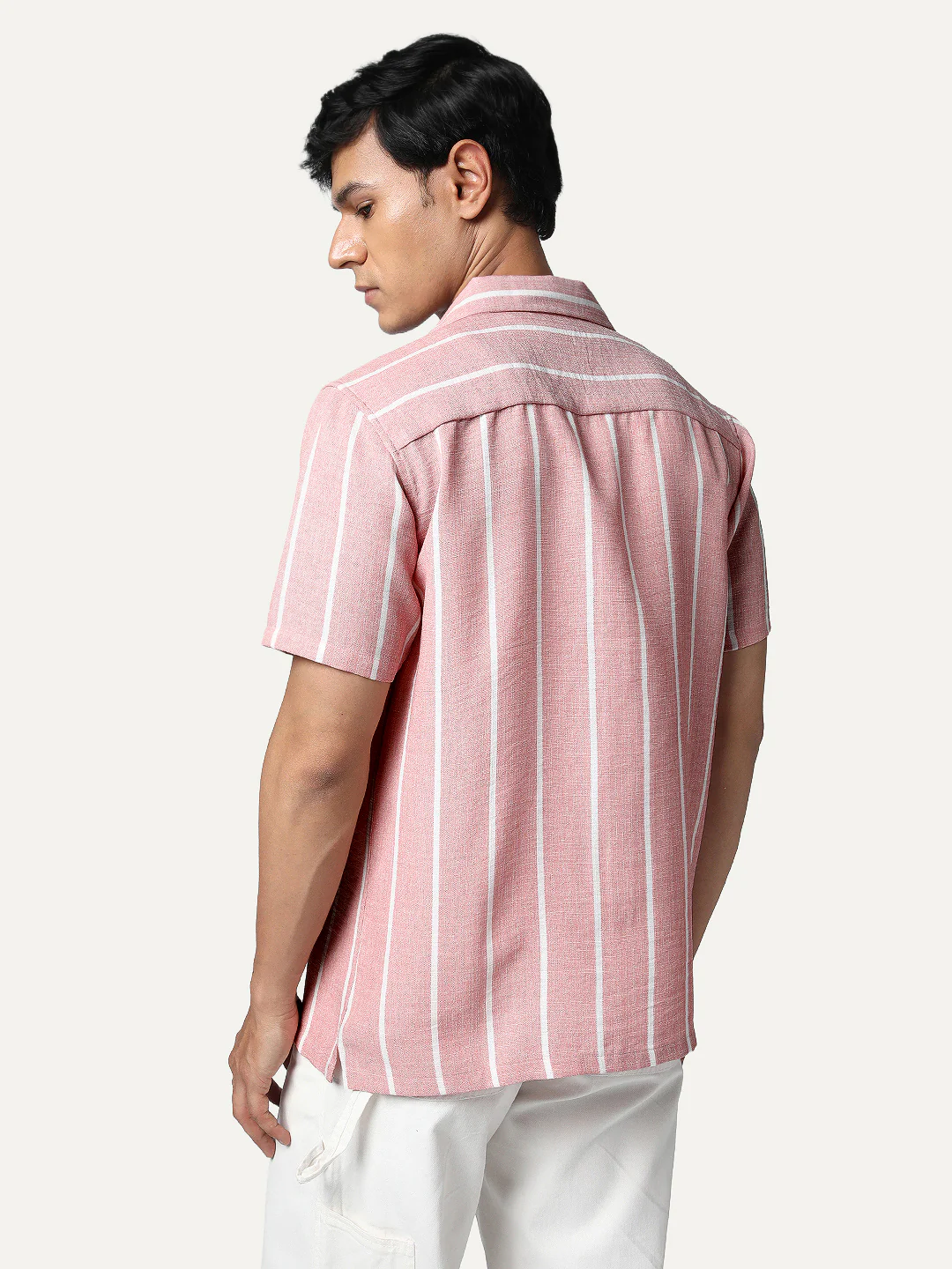 Men's Pink Cotton Half Sleeve Relaxed Fit Linen Striped Shirt with Cuban Collar - Image 4