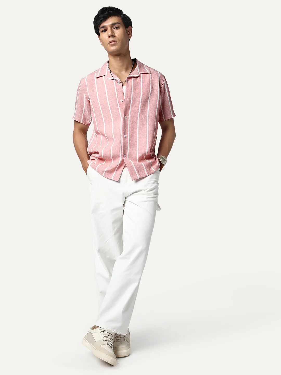 Men's Pink Cotton Half Sleeve Relaxed Fit Linen Striped Shirt with Cuban Collar - Image 5