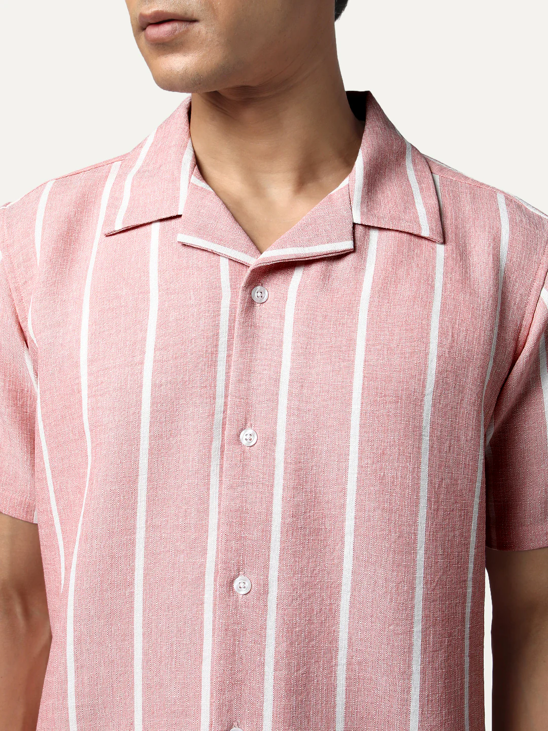 Men's Pink Cotton Half Sleeve Relaxed Fit Linen Striped Shirt with Cuban Collar - Image 6