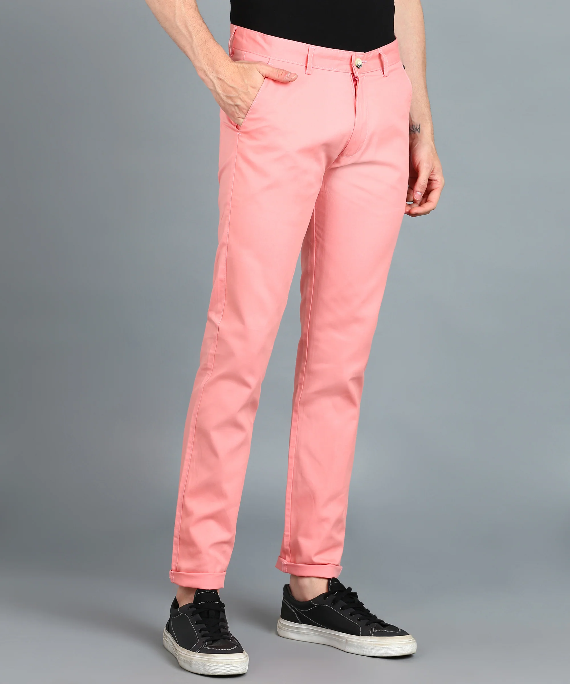 Men's Pink Cotton Slim Fit Casual Chinos Trousers - Image 2