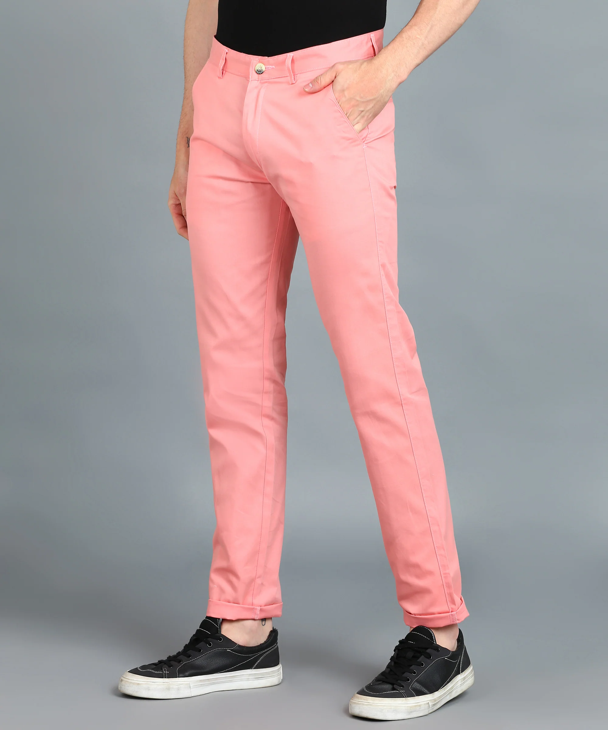 Men's Pink Cotton Slim Fit Casual Chinos Trousers - Image 3