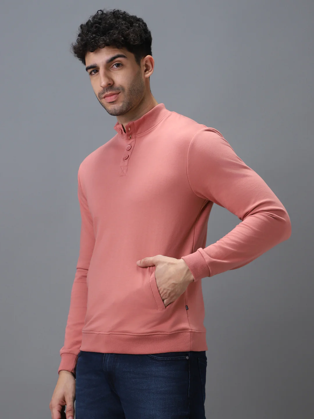 Men's Pink Cotton Solid Button High Neck Sweatshirt - Image 2