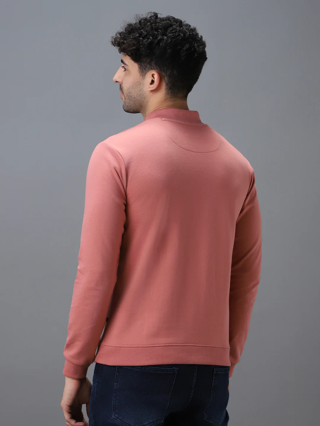 Men's Pink Cotton Solid Button High Neck Sweatshirt - Image 3