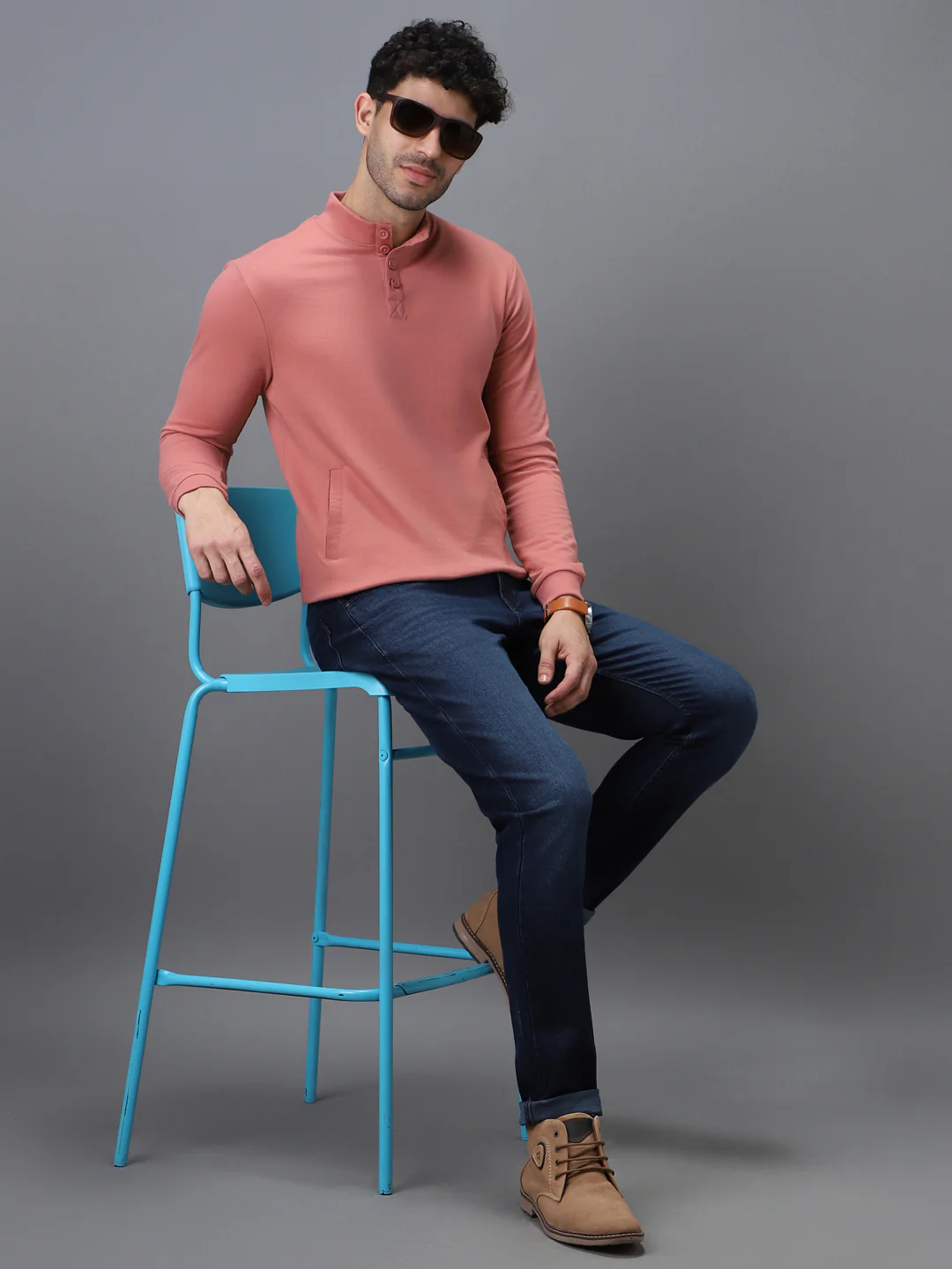 Men's Pink Cotton Solid Button High Neck Sweatshirt - Image 4