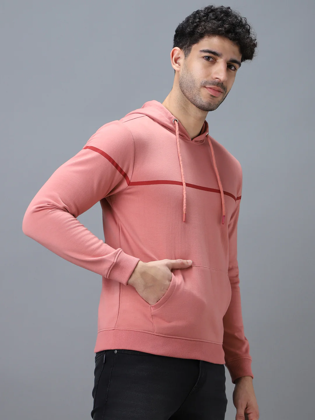 Men's Pink Cotton Solid Hooded Neck Sweatshirt - Image 2