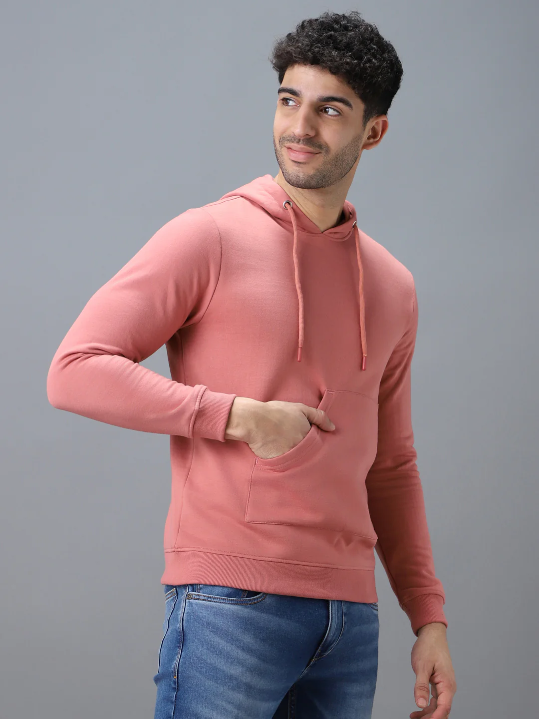 Men's Pink Cotton Solid Hooded Neck Sweatshirt - Image 2
